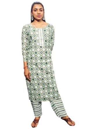 Embroidery Printed Green White Kurti Pant Set for Women & Girls