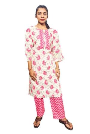 Embroidery Printed Peach Kurti Pant Set for Women & Girls