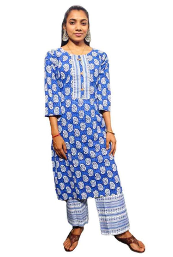 Embroidery Printed Blue Kurti Pant Set for Women & Girls