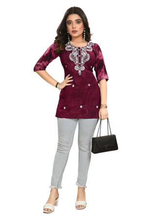 Emboidery Neck Party Wear Above Knee Short Kurti for Girls & Women