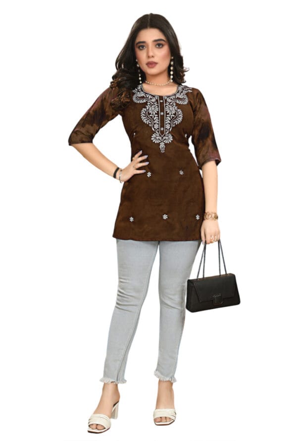 Emboidery Neck Party Wear Above Knee Short Kurti for Girls & Women - Image 4