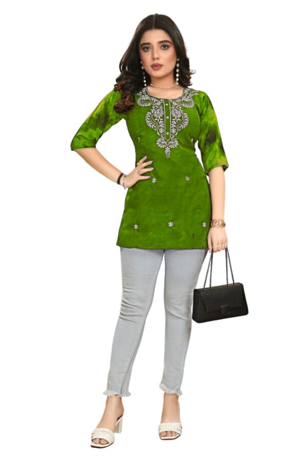 Emboidery Neck Party Wear Above Knee Short Kurti for Girls & Women - Image 3