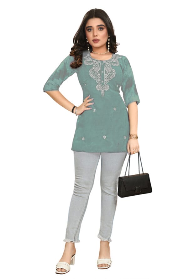 Emboidery Neck Party Wear Above Knee Short Kurti for Girls & Women - Image 2
