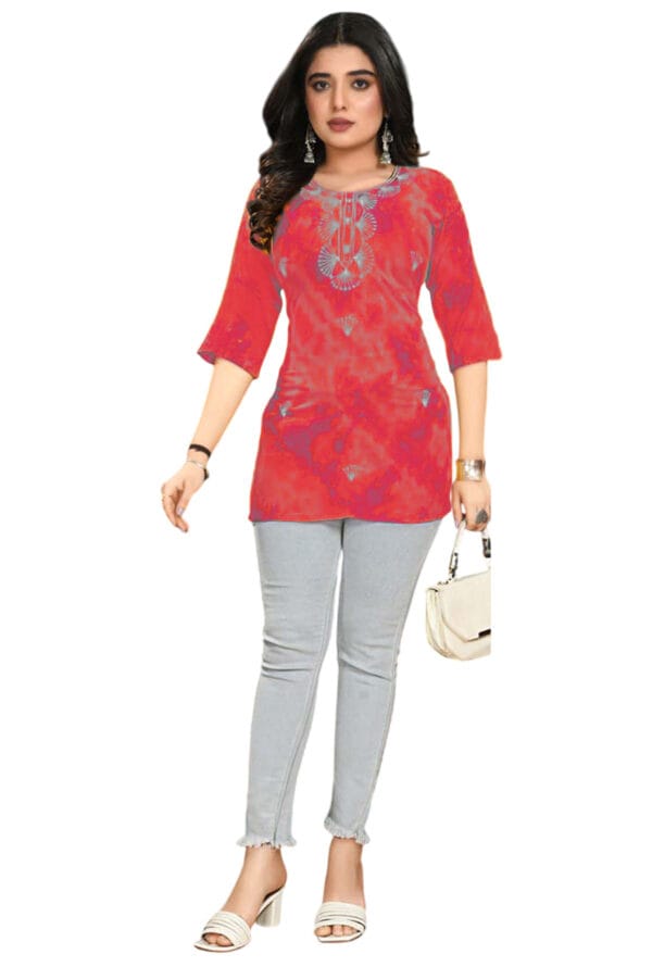 Emboidery Neck Party Wear Above Knee Short Kurti for Girls & Women - Image 3