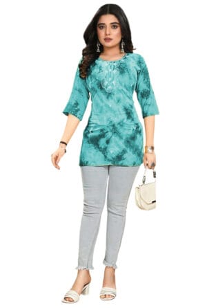 Emboidery Neck Party Wear Above Knee Short Kurti for Girls & Women