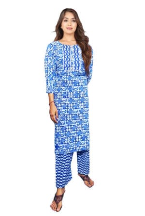 Embroidery Neck Printed Blue Kurti Pant Set for Women & Girls