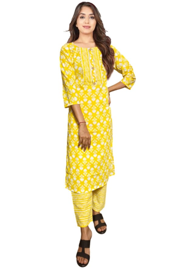 Embroidery Neck Printed Yellow Kurti Pant Set for Women & Girls