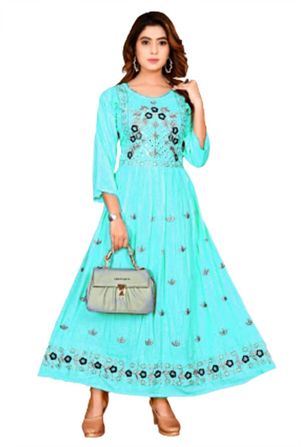 Embroidery Work Party Wear Long Ghera Kurti for Girls & Women - Image 3