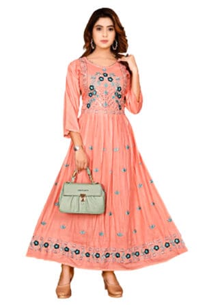 Embroidery Work Party Wear Long Ghera Kurti for Girls & Women