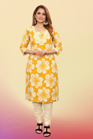 Cotton Floral Kurti Pant Set with Pakistani Neck