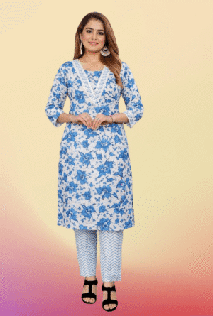 Cotton Kurti Pant Set with Designer Pakistani Neck