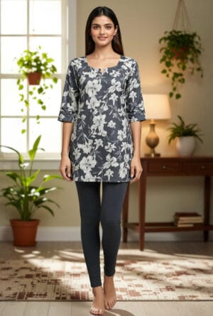 Grey Floral Straight Kurti