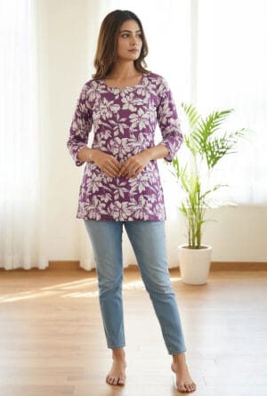 Purple Floral Print Casual Kurti
