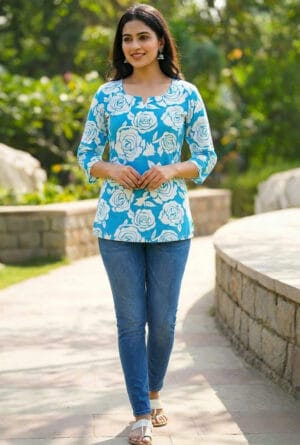 Women’s Blue Floral Printed Straight Kurti