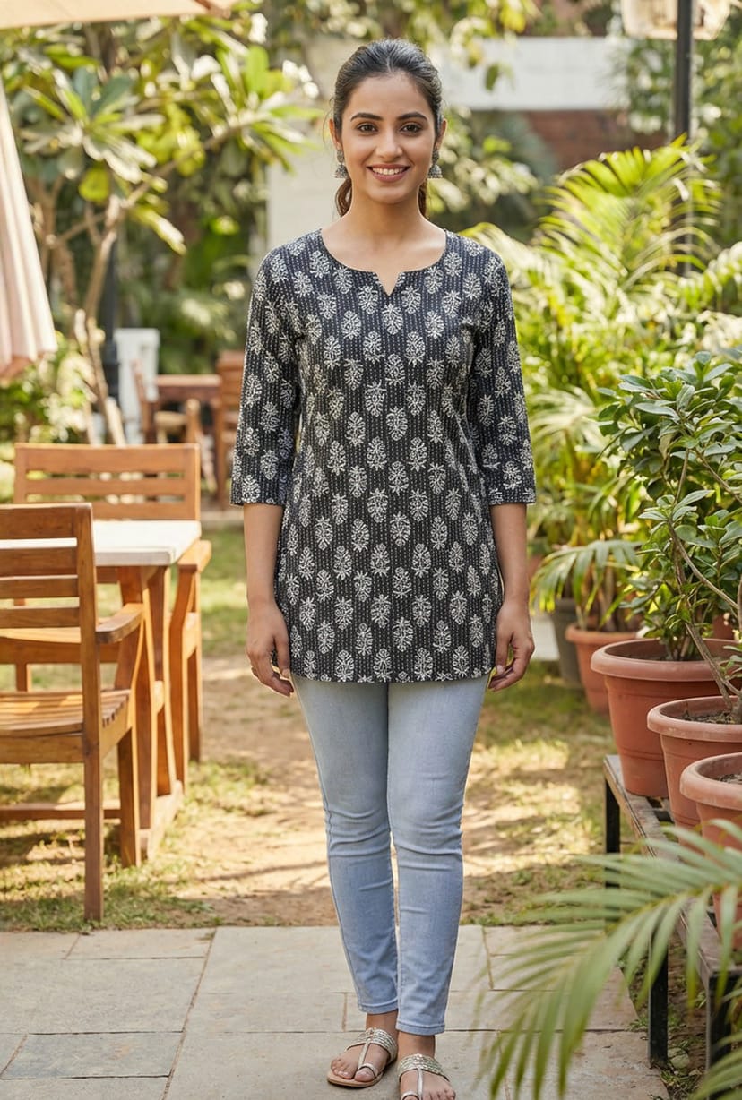 Women’s Black Printed Straight Kurti