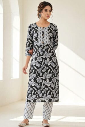 Black & White Floral Cotton Kurti Pant