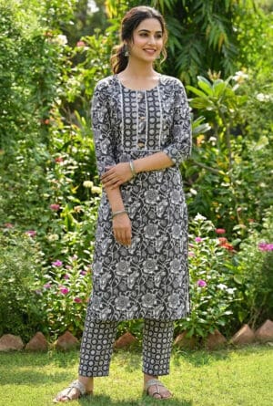 Black Floral Cotton Kurti Set