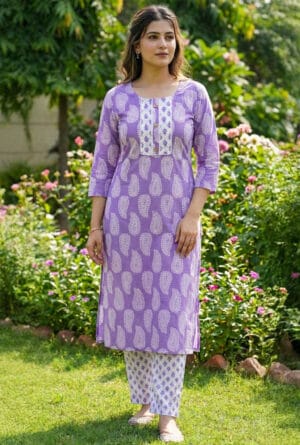 Lavender Paisley Cotton Kurti Set