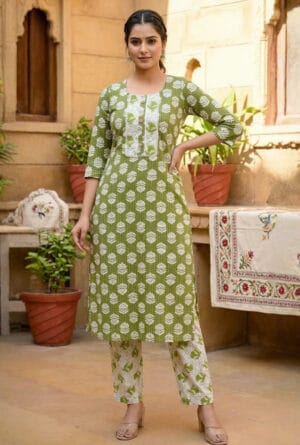 Green Handblock Print Kurti Set