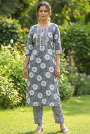 Grey Floral Cotton Kurti Pant Set