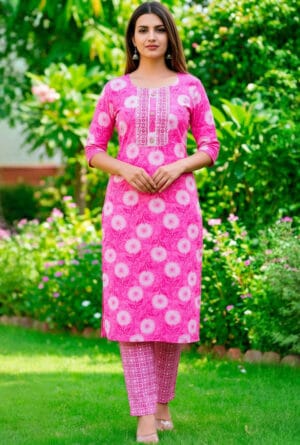 Pink Floral Cotton Kurti Pant Set
