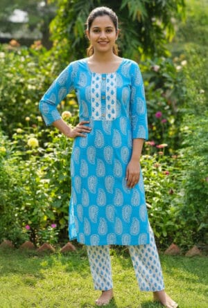 Blue Paisley Cotton Kurti Pant Set